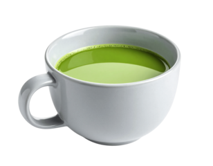 Hot green matcha tea in a white ceramic cup isolated on transparent background
