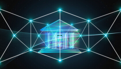 Financial Network: A digital representation of a bank, interwoven with a luminous network symbolizing connectivity and the future of finance. The image embodies the concepts of innovation, technology.