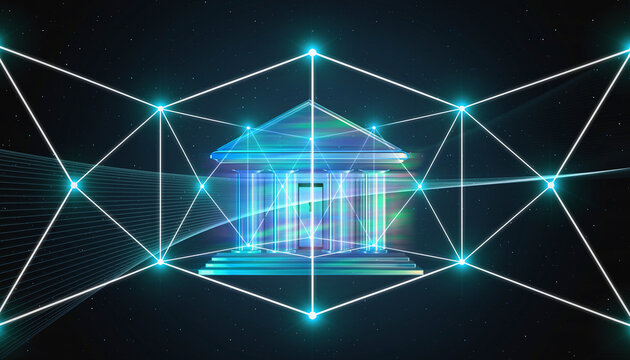 Financial Network: A digital representation of a bank, interwoven with a luminous network symbolizing connectivity and the future of finance. The image embodies the concepts of innovation, technology.