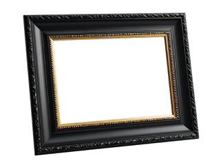 Ornate black and gold picture frame tilted on transparent background