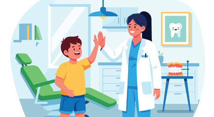 Doctor and child sharing a cheerful high-five after a completed checkup. Ideal for positive healthcare themes, pediatric clinic branding, and supportive medical visuals