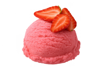 Pink strawberry ice cream scoop with fresh fruit slices, a refreshing frozen sweet dessert