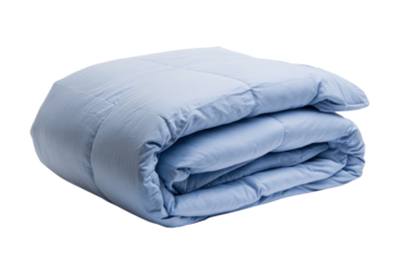 Folded light blue comforter with stitched pattern on black background blanket bedding, Cut Out, Isolated On White Background, Png Transparent