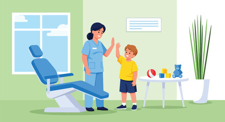 Doctor and child sharing a cheerful high-five after a completed checkup. Ideal for positive healthcare themes, pediatric clinic branding, and supportive medical visuals