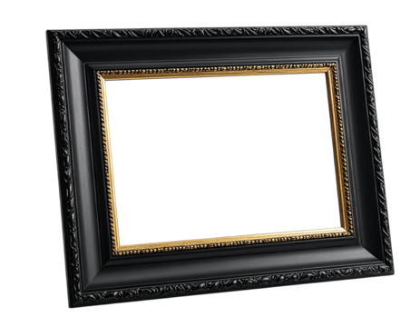 Ornate black and gold picture frame tilted on transparent background