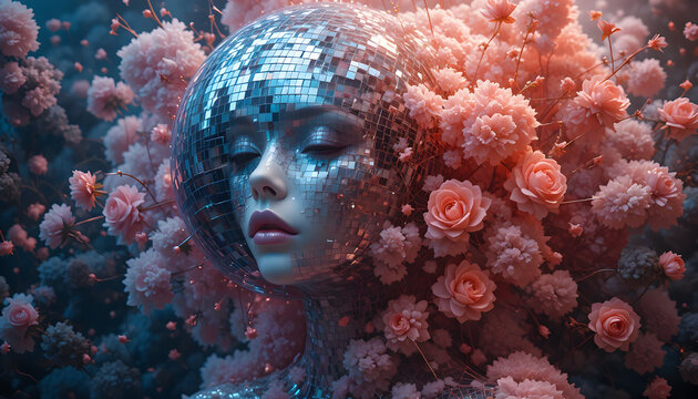 Dreamy disco ball woman portrait with pink roses, surreal beauty for fashion editorial, ethereal art for album cover, reflective glam, fantasy and romantic - Powered by Adobe