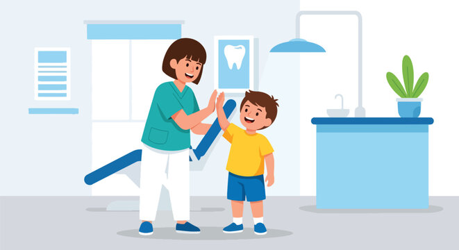 Doctor and child sharing a cheerful high-five after a completed checkup. Ideal for positive healthcare themes, pediatric clinic branding, and supportive medical visuals
