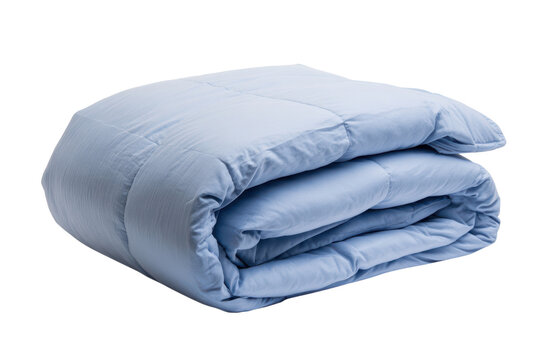 Folded light blue comforter with stitched pattern on black background blanket bedding, Cut Out, Isolated On White Background, Png Transparent