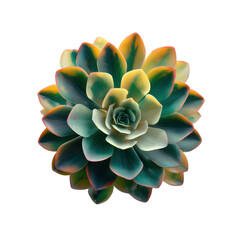 Close up of a succulent plant with teal green yellow and orange leaves on black image, Cut Out, Isolated On White Background, Png Transparent