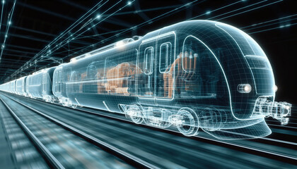 Naklejka premium Tech-forward Train Concept: A cutting-edge digital rendering unveils a sleek, transparent train racing along the tracks, embodying modern technology and transportation innovation. 