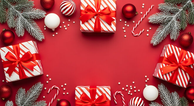 Christmas decorations and gingerbread cookies scattered on a red surface isolated on white background - Powered by Adobe