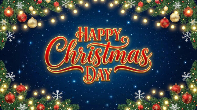 Happy Christmas Day Glowing Script Border. Festive greeting with glowing red script on a starry blue background, framed by Christmas garlands, ornaments, and string lights.
