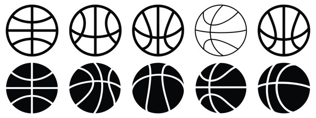 Basketball icon set in clean line style, including sports equipment symbols, player actions, court elements, competition graphics, training icons, team sport concepts, athletic visuals, and vector ill