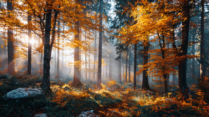 Golden autumn forest sunlight rays through foggy trees