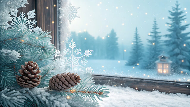 Cozy winter scene viewed through a frosted window decorated with sparkling snowflakes, pine cones, and snowy fir branches overlooking a serene forest landscape