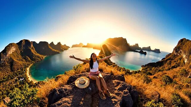 A joyful young woman sits atop a scenic mountain peak with outstretched arms, embracing the breathtaking panoramic view of a beautiful tropical bay and islands at sunset.