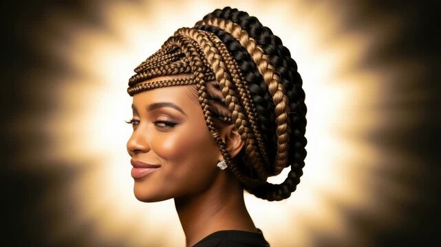 Elegant woman showcasing a stunning braided hairstyle in a professional studio environment, golden
