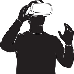 Silhouette of a person wearing a virtual reality headset and interacting with digital space, isolated on white background