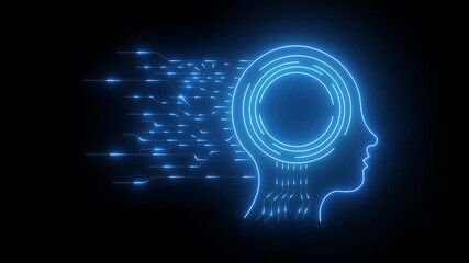 AI brain with circuits and human profile. Digital data flow reflects learning and innovation. Futuristic human head outline with glowing circuit board connections and data streams 4k video - Powered by Adobe
