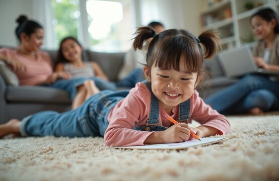 Happy asian girl lying on floor draws with pencil. Family spends time together in living room. Mom works on laptop. Sister with mother relaxes on sofa. Smiling kid enjoy creative hobby. - Powered by Adobe