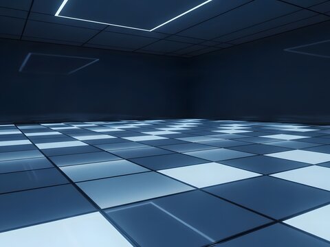 Futuristic dark room with a glowing blue and white tiled floor.