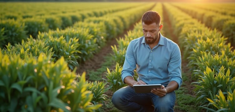 Agronomist works in field using tablet. Man examines crop growth. Smart farming concept integrates tech with AI. Modern agriculture uses tech in farming process. - Powered by Adobe