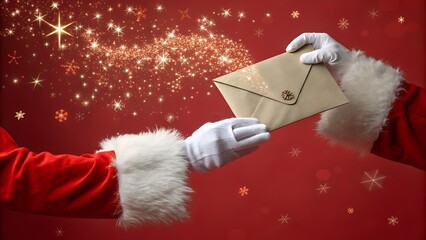  magical and festive image depicting Santa Claus's gloved hands, dressed in his iconic red suit with white fur trim, as one hand extends an envelope to the other, cr