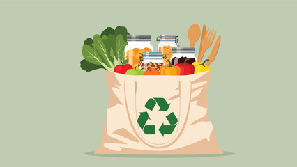 Illustration of reusable grocery bag with fresh food, glass jars, and eco products promoting zero waste shopping. Ideal for sustainability campaigns and eco lifestyle design