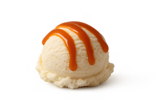 Vanilla ice cream scoop with melted caramel sauce topping, sweet dessert food on transparent background