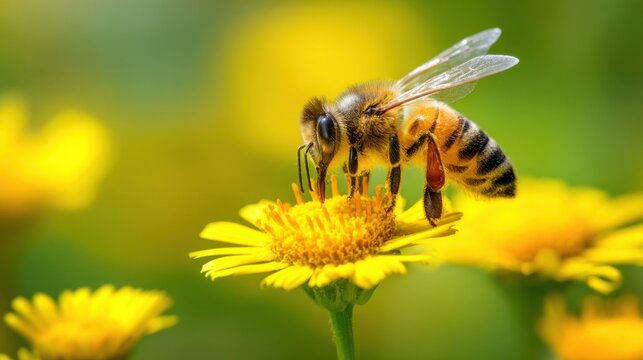 In a vibrant garden a bee collects nectar from cheerful yellow blooms. The scene is filled with sunlight showcasing the beauty of nature in a lively ecosystem. - Powered by Adobe