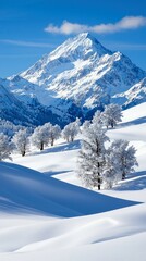 Fototapeta premium A stunning landscape of snow-covered mountains, trees, and rolling hills under a bright blue sky. The image captures the beauty of a winter wonderland.