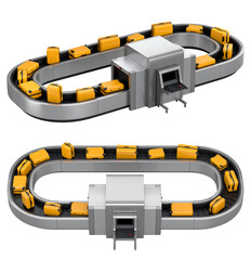 Set of Airport luggage conveyor belt or baggage claim area with suitcases on white.