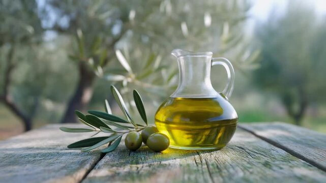 A glass pitcher of fresh extra virgin olive oil with a branch of green olives on a rustic wooden table in a sunlit Mediterranean grove