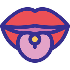 Stylized Illustration Of A Mouth With Tongue Piercing Featuring Red Lips Purple Outline And Pink Tongue With Yellow Dot Detail On Transparent Background Clean Vector Graphic Design