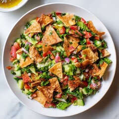 Fototapeta premium Fresh Fattoush Salad With Toasted Pita Bread And Sesame Seeds Vibrant Greens Tomatoes Cucumbers Red Onions