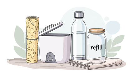 Flat vector eco-friendly kitchen scene with reusable jars, bamboo tools, and compost bin. Ideal for zero waste lifestyle education and home sustainability content