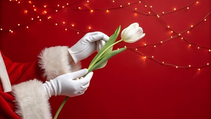 harming and elegant festive image featuring Santa Claus's gloved hands, dressed in his classic red suit with white fur trim, gently holding a delicate white tulip with a vibrant green