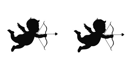 Cupid silhouette aiming heart arrow, perfect for Valentine's Day designs. Romantic vector illustration for love themed projects or heartfelt greeting cards.