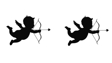 Cupid silhouette aiming heart arrow, perfect for Valentine's Day designs. Romantic vector illustration for love themed projects or heartfelt greeting cards.