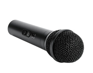 Black handheld microphone with control buttons isolated on transparent background
