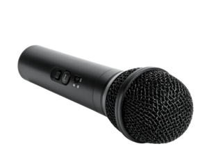 Black handheld microphone with control buttons isolated on transparent background