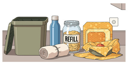 Flat vector eco-friendly kitchen scene with reusable jars, bamboo tools, and compost bin. Ideal for zero waste lifestyle education and home sustainability content