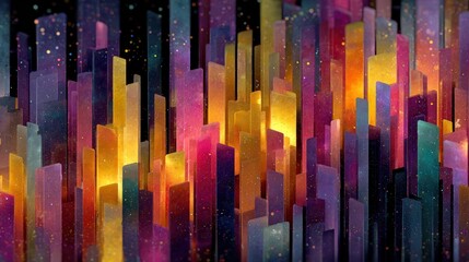 Obraz premium Abstract Colorful Cityscape With Geometric Shapes and Bright Glowing Lights