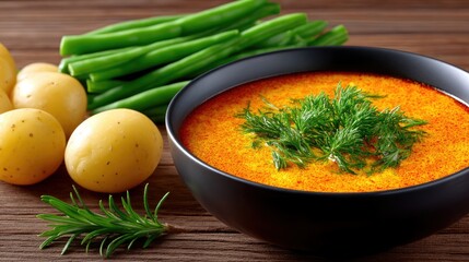 A close-up shot of a black bowl filled with soup, garnished with fresh herbs, alongside potatoes and green beans on a wooden surface.