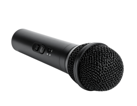 Black handheld microphone with control buttons isolated on transparent background