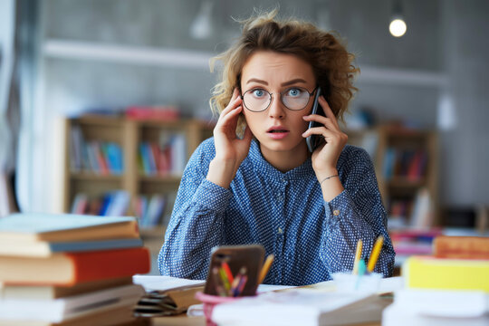 Student Struggling with Study Materials While Answering Smartphone Call in Library - Powered by Adobe
