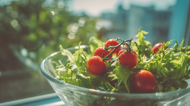 Fresh Mixed Green Salad with Cherry Tomatoes in a Glass Bowl by a Window.