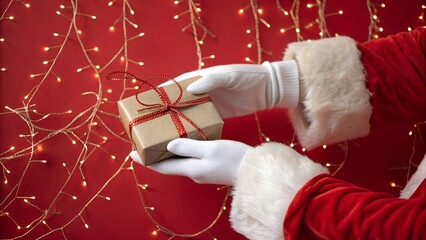 magical and festive image showcasing Santa Claus's gloved hands, dressed in his iconic red suit with white trim