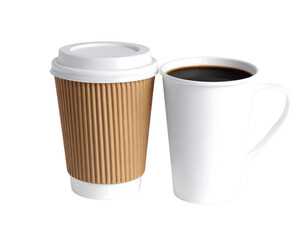 Two coffee cup options, one disposable and one ceramic mug isolated on transparent background