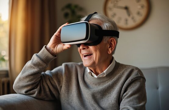 Elderly man uses virtual reality headset at home, experiencing excitement with metaverse technology. He laughs while exploring digital world, enjoying new tech in retirement.